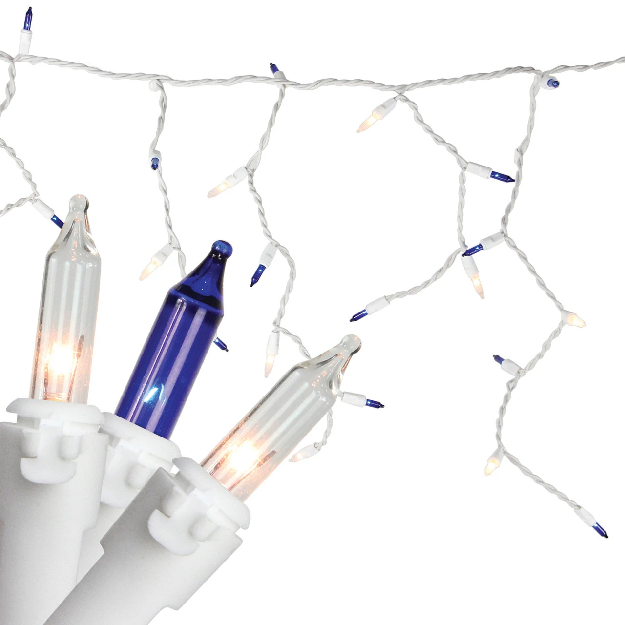 50 Blue And Clear Mini Window Curtain Icicle Christmas Lights - 2.6 Ft White Wire 3 50 Blue And Clear Mini Window Curtain Icicle Christmas Lights - 2.6 Ft White Wire