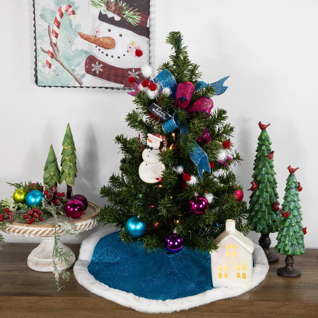 20" Blue Glittered Mini Christmas Tree Skirt With Fur Trim 5 20" Blue Glittered Mini Christmas Tree Skirt With Fur Trim - Image 3
