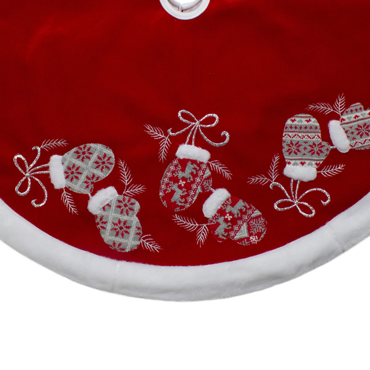 48-Inch Red And White Embroidered Winter Mittens Christmas Tree Skirt 5 48-Inch Red And White Embroidered Winter Mittens Christmas Tree Skirt - Image 3