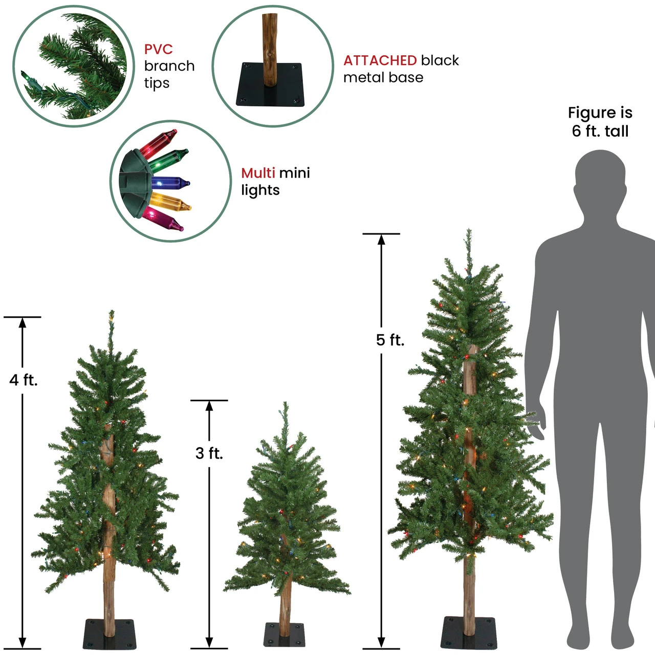 Set Of 3 Pre-Lit Slim Alpine Artificial Christmas Trees 5' - Multicolor Lights 4 Set Of 3 Pre-Lit Slim Alpine Artificial Christmas Trees 5' - Multicolor Lights - Image 2