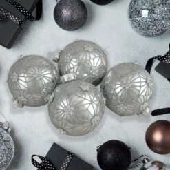 4ct Silver With Floral Gem Christmas Ball Ornaments 3.25-Inch (80mm) -Optimal Christmas Shop northlight20wy88842 32451.1667576863