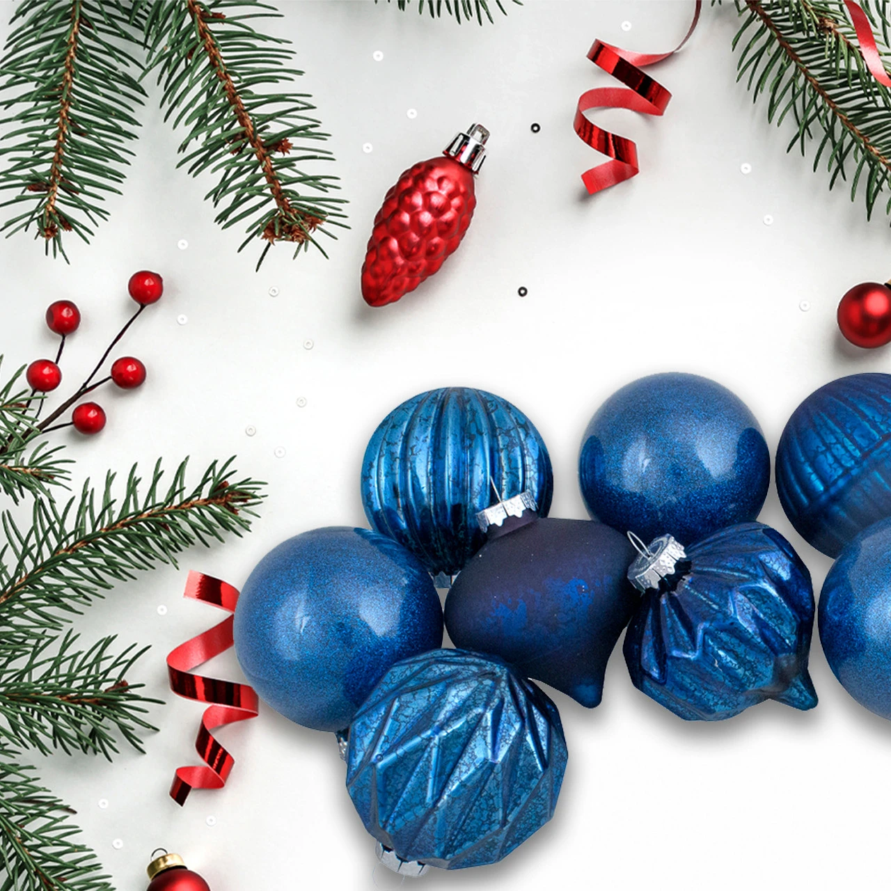 Set Of 12 Blue Finial And Glass Ball Christmas Ornaments 5 Set Of 12 Blue Finial And Glass Ball Christmas Ornaments - Image 3