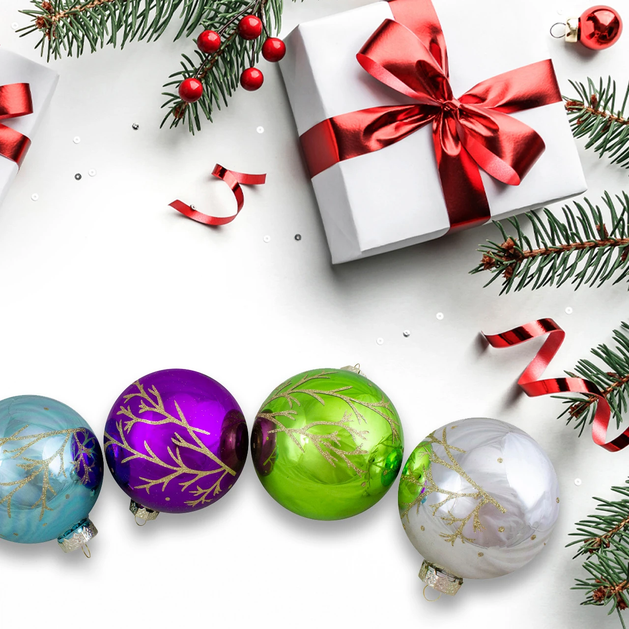 Set Of 4 Multi-Color Shiny Glass Ball Christmas Ornaments 4-Inch (100mm) 6 Set Of 4 Multi-Color Shiny Glass Ball Christmas Ornaments 4-Inch (100mm) - Image 4