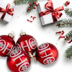 Set Of 4 Red Ho Ho Ho Glass Ball Christmas Ornaments 3.25-Inch (80mm) -Optimal Christmas Shop northlight20wy88909 85504.1667510419