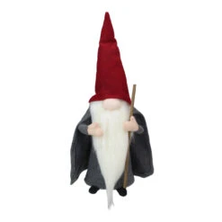 18" Gray And Red Standing Big Nose Gnome Holding A Stick