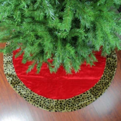 48" Red And Brown Velveteen With Cheetah Print Border Christmas Tree Skirt