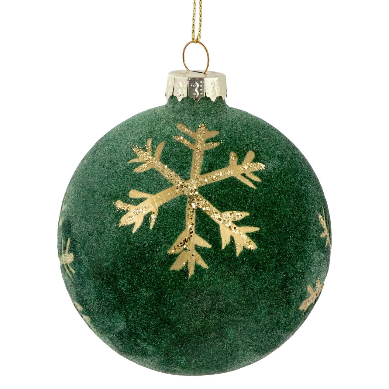 4ct Green Velvet Glass Christmas Ball Ornaments With Gold Snowflakes 3" (80mm) 5 4ct Green Velvet Glass Christmas Ball Ornaments With Gold Snowflakes 3" (80mm) - Image 3