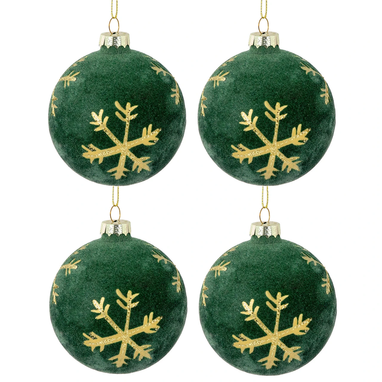 4ct Green Velvet Glass Christmas Ball Ornaments With Gold Snowflakes 3" (80mm) 3 4ct Green Velvet Glass Christmas Ball Ornaments With Gold Snowflakes 3" (80mm)