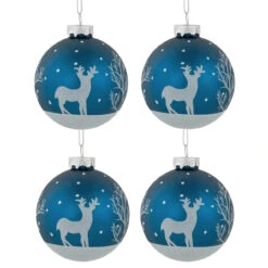 4ct Blue Glass Ball Christmas Ornaments With Glitter Reindeer 3"