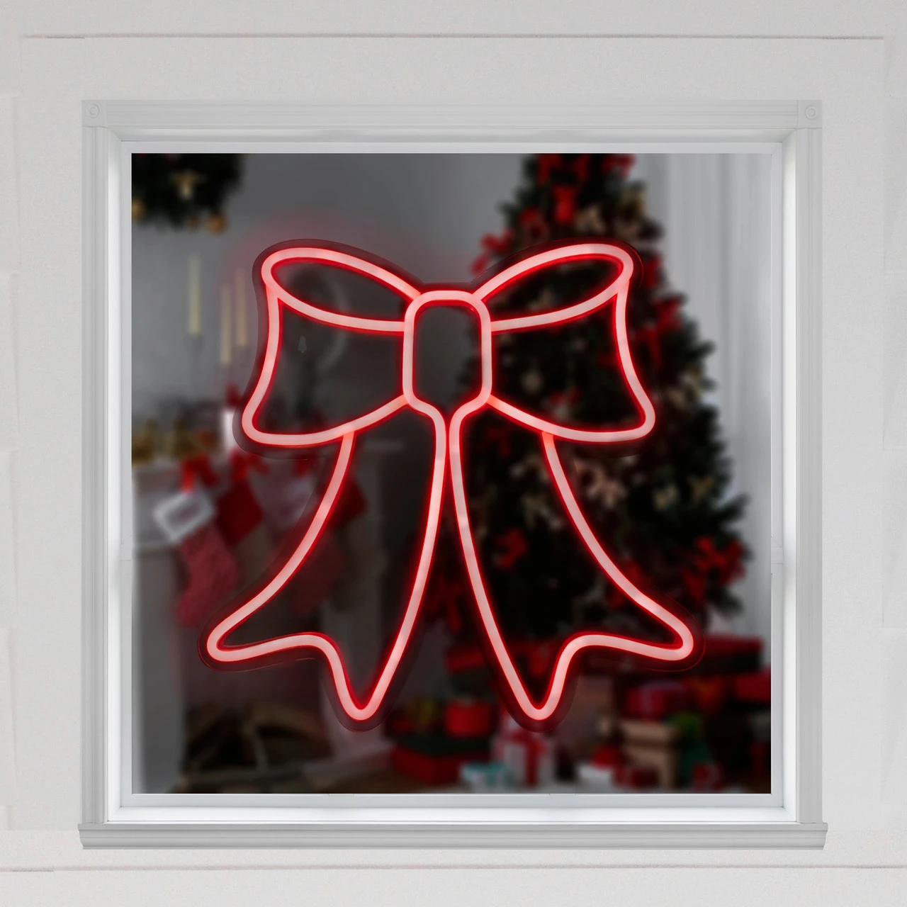 15" Red LED Lighted Neon Style Bow Christmas Window Silhouette 4 15" Red LED Lighted Neon Style Bow Christmas Window Silhouette - Image 2