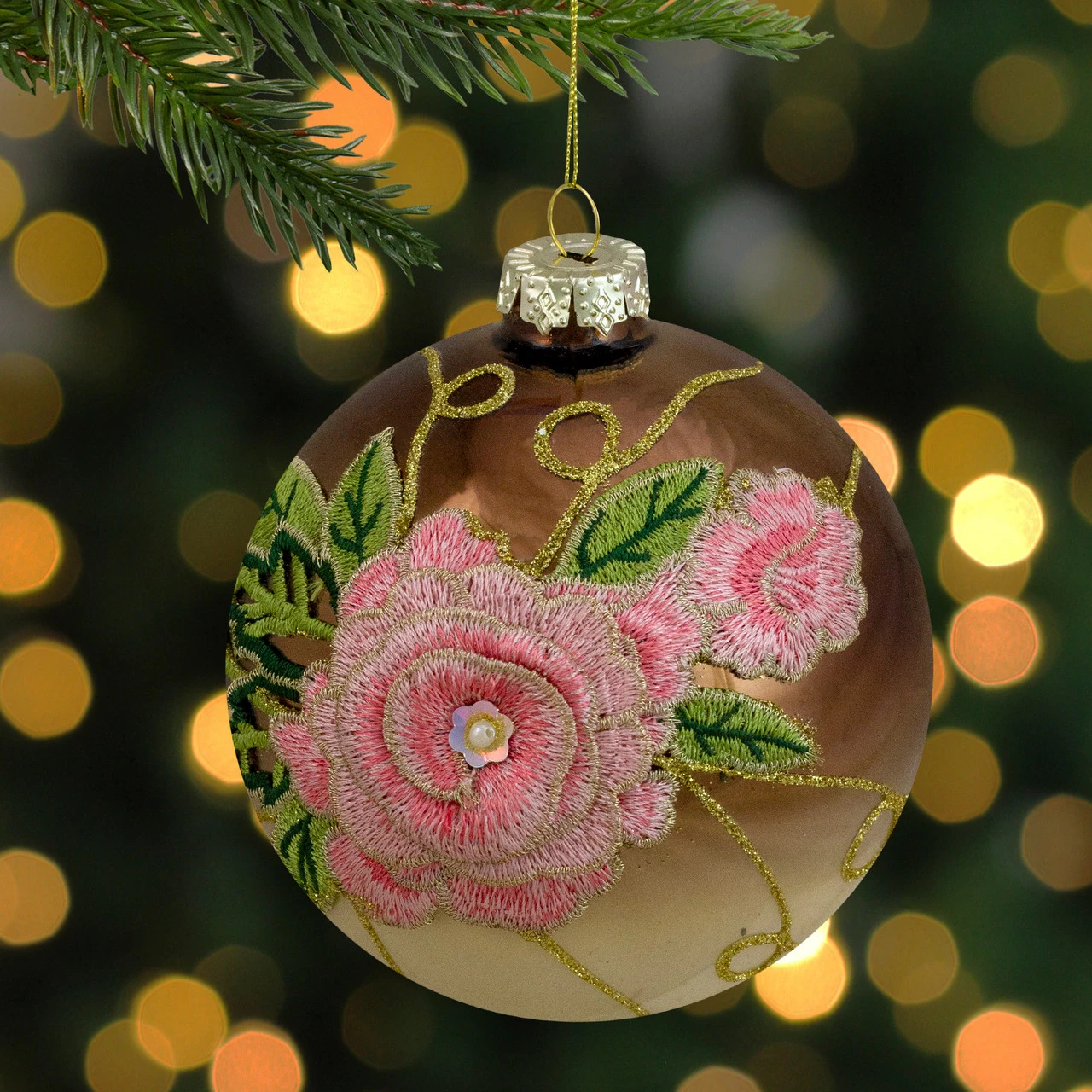 2-Finish Brown And Pink Floral Applique Glass Christmas Ball Ornament 5" (125mm) 4 2-Finish Brown And Pink Floral Applique Glass Christmas Ball Ornament 5" (125mm) - Image 2