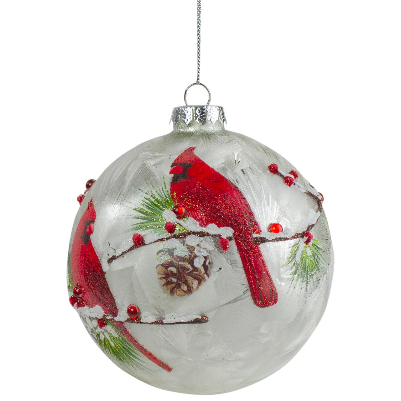 4.5" Red Cardinals And Pine Cones Glass Christmas Ornament 4 4.5" Red Cardinals And Pine Cones Glass Christmas Ornament - Image 2