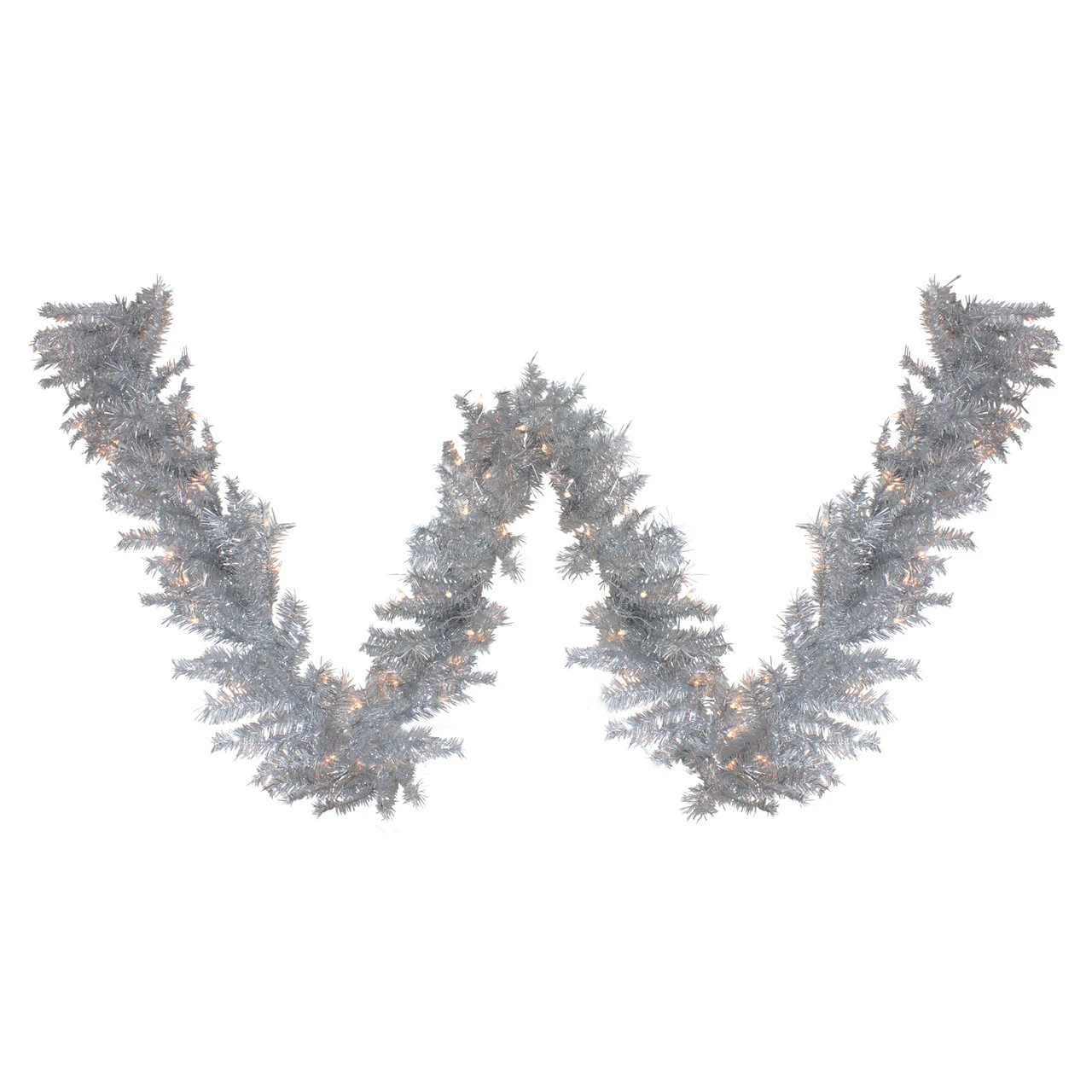 9' X 12" Pre-Lit Silver Tinsel Artificial Christmas Garland, Clear Lights 3 9' X 12" Pre-Lit Silver Tinsel Artificial Christmas Garland, Clear Lights