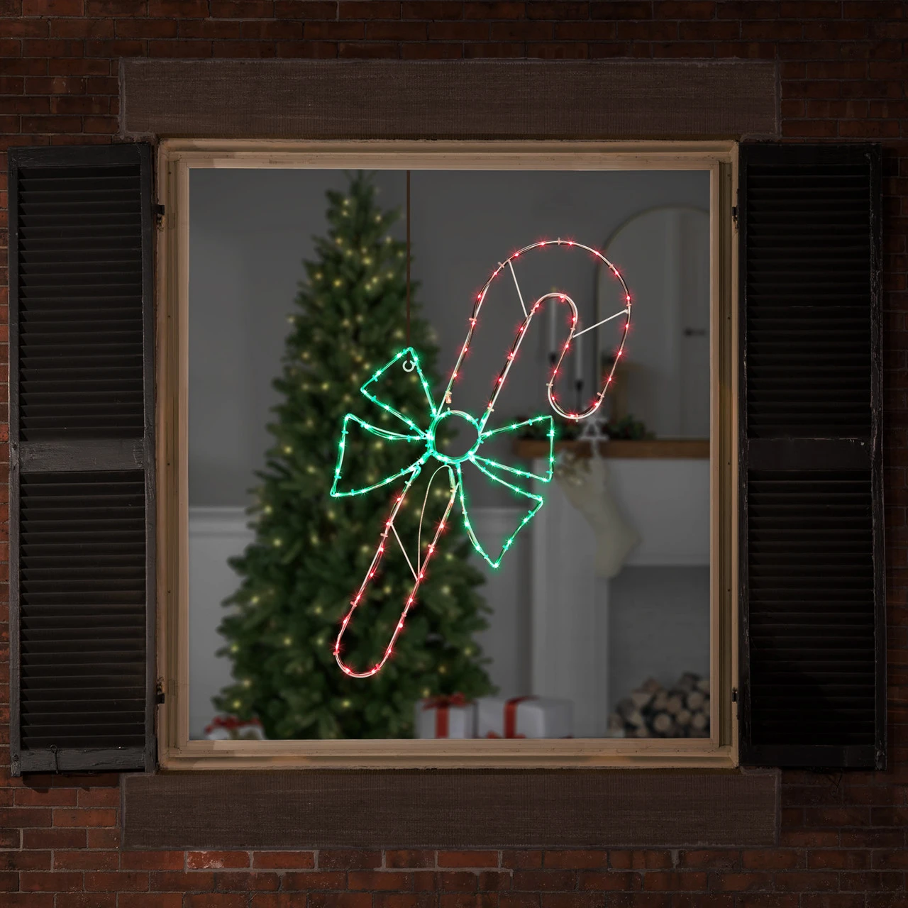 28" Green And White LED Lighted Candy Cane With Bow Christmas Window Silhouette 4 28" Green And White LED Lighted Candy Cane With Bow Christmas Window Silhouette - Image 2