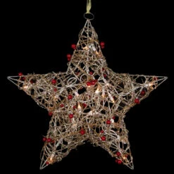 18" Lighted Champagne Gold Glittered Rattan Berry Hanging Star Christmas Window Decoration