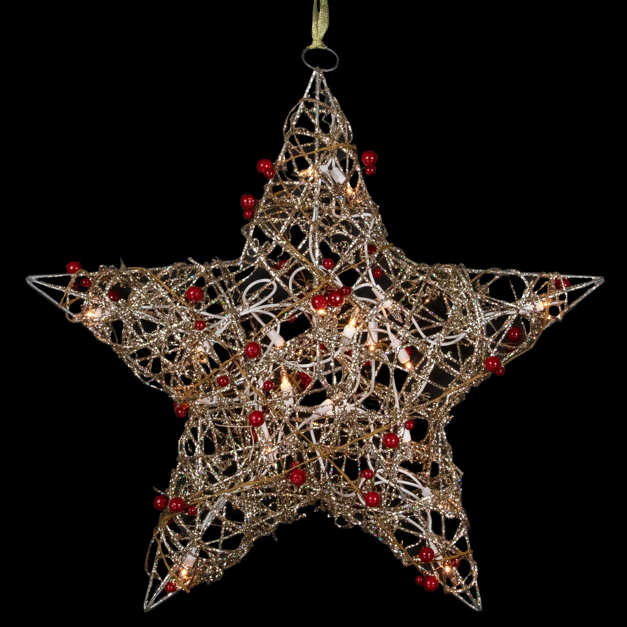 18" Lighted Champagne Gold Glittered Rattan Berry Hanging Star Christmas Window Decoration 3 18" Lighted Champagne Gold Glittered Rattan Berry Hanging Star Christmas Window Decoration
