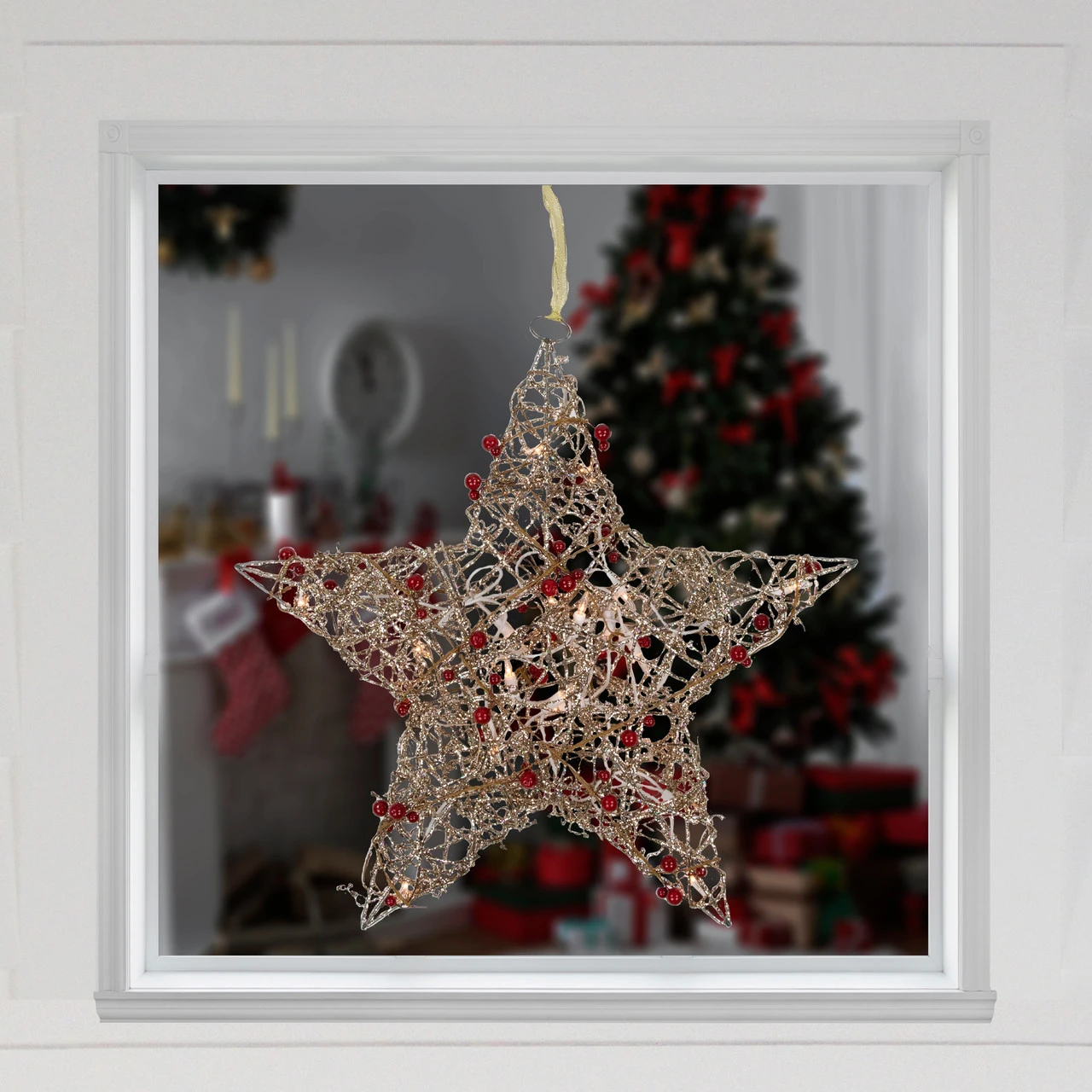 18" Lighted Champagne Gold Glittered Rattan Berry Hanging Star Christmas Window Decoration 4 18" Lighted Champagne Gold Glittered Rattan Berry Hanging Star Christmas Window Decoration - Image 2