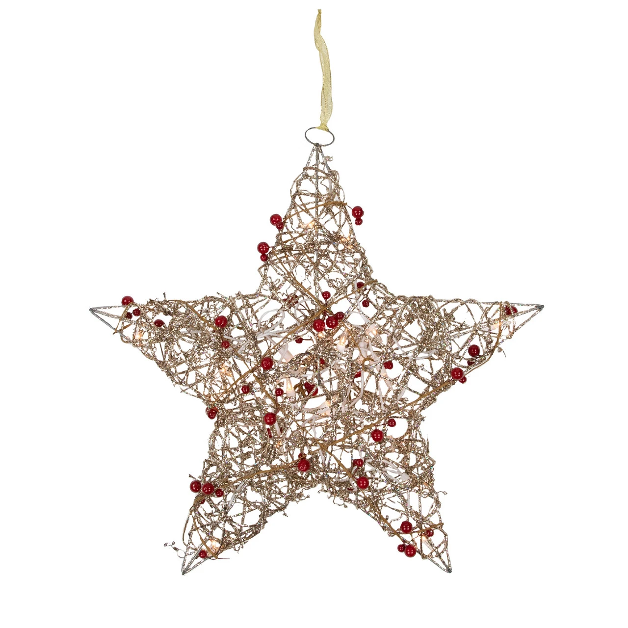 18" Lighted Champagne Gold Glittered Rattan Berry Hanging Star Christmas Window Decoration 5 18" Lighted Champagne Gold Glittered Rattan Berry Hanging Star Christmas Window Decoration - Image 3