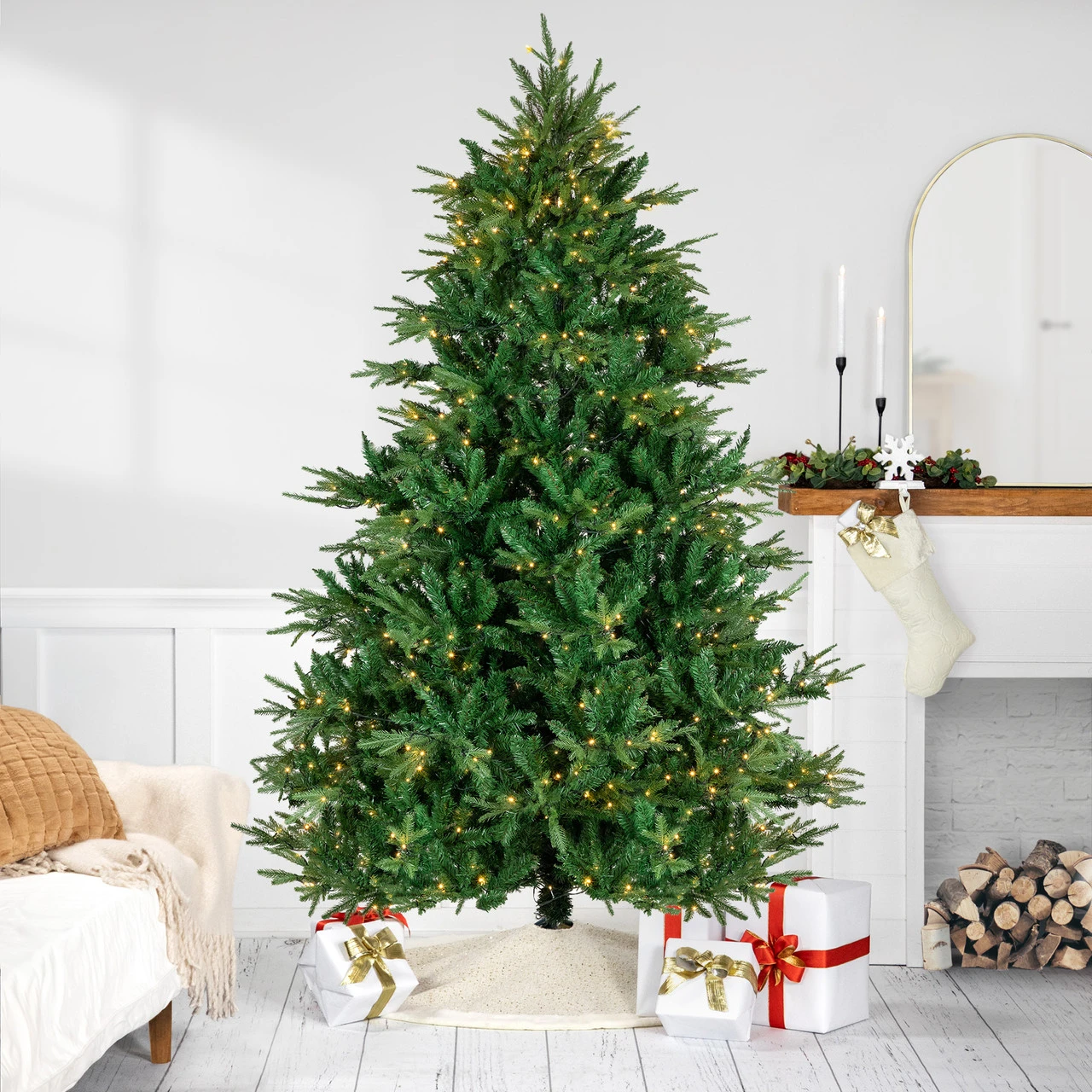 7.5' Pre-Lit Juniper Pine Artificial Christmas Tree, Warm White LED Lights 3 7.5' Pre-Lit Juniper Pine Artificial Christmas Tree, Warm White LED Lights
