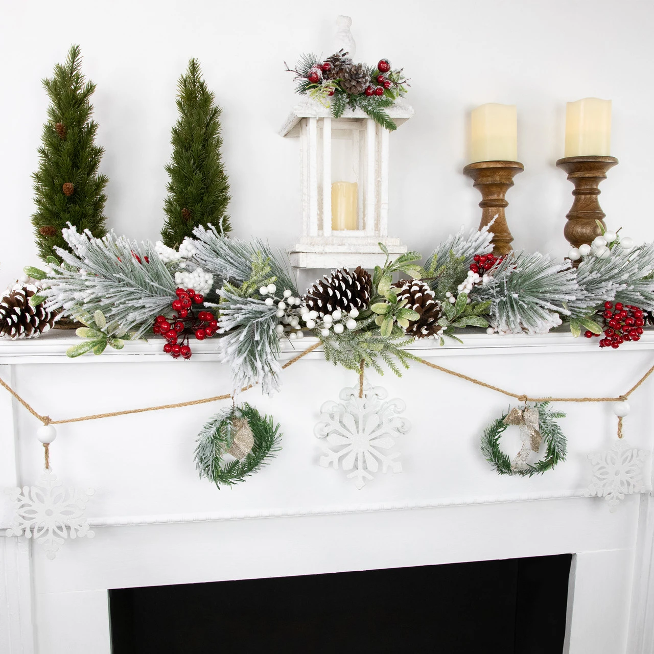4.75" Snowflake And Frosted Pine Christmas Garland With Wooden Beads - Unlit 4 4.75" Snowflake And Frosted Pine Christmas Garland With Wooden Beads - Unlit - Image 2