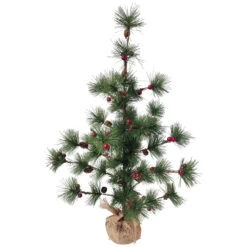 23.5" Winter Berry Pine Tree With Pine Cones In Jute Base Christmas Decoration