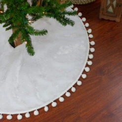 48" White Christmas Tree Skirt With A Pom Pom Border