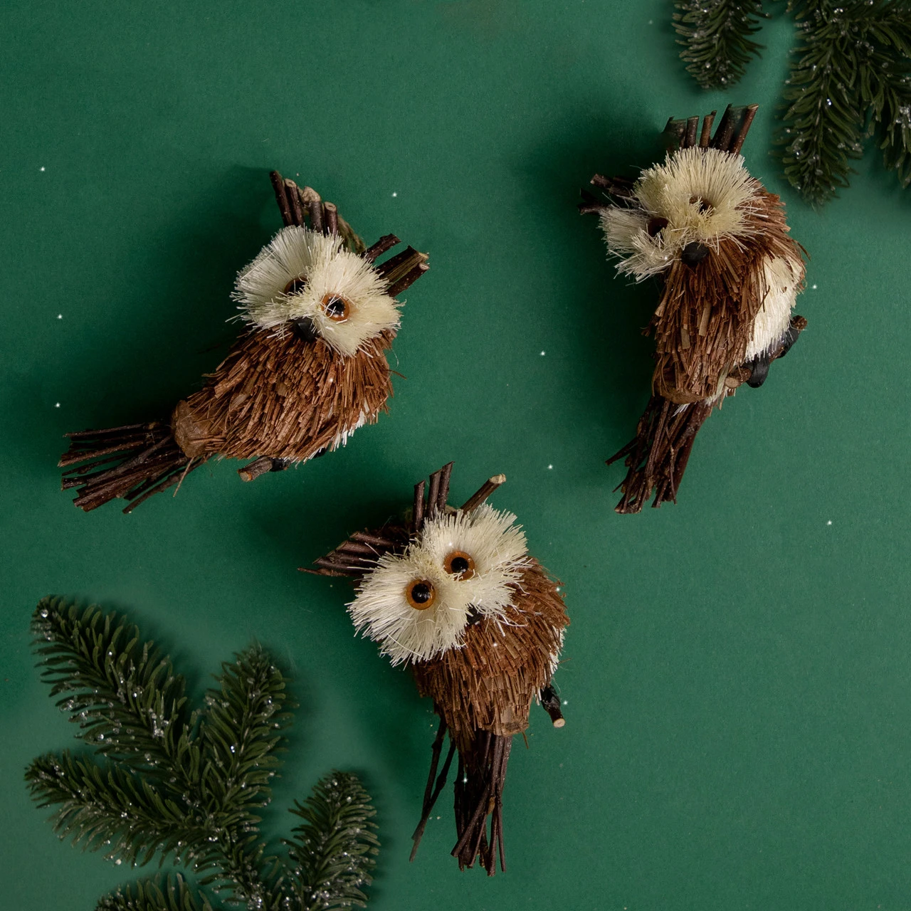 Set 3 Sisal And Twig Owl Christmas Ornaments, 3.5" 4 Set 3 Sisal And Twig Owl Christmas Ornaments, 3.5" - Image 2