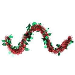 50' Shiny Red Christmas Tinsel Garland With Green Holly - Unlit