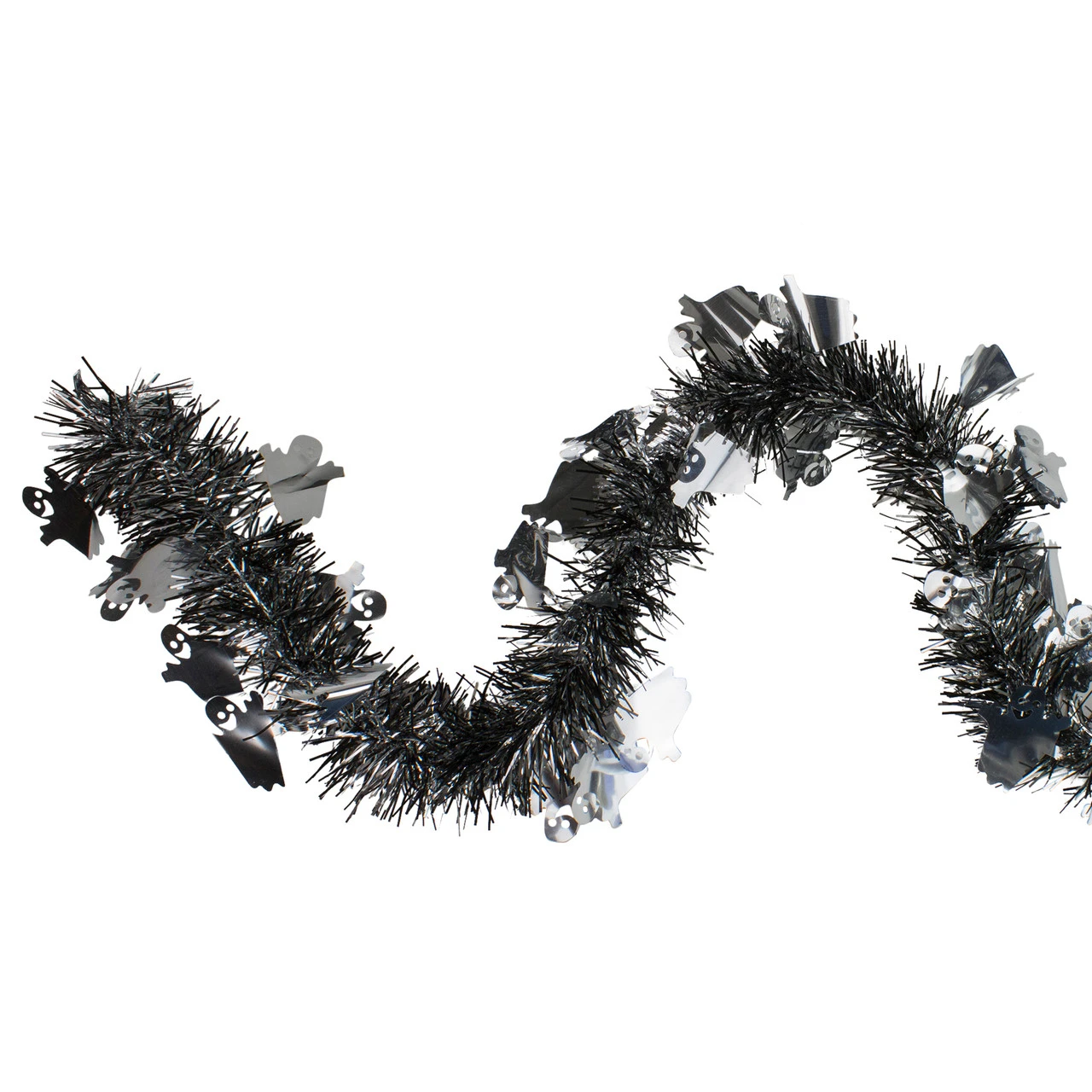 Black And Silver With Ghosts Halloween Tinsel Garland - 50 Feet, Unlit 3 Black And Silver With Ghosts Halloween Tinsel Garland - 50 Feet, Unlit