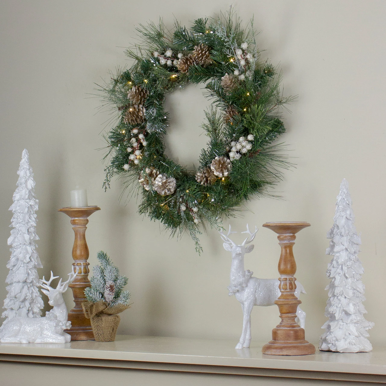 Pre-Lit Champagne Gold Pine Cone And Berry Mixed Pine Wreath - 22-Inch, Clear Lights 4 Pre-Lit Champagne Gold Pine Cone And Berry Mixed Pine Wreath - 22-Inch, Clear Lights - Image 2