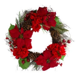 Red Poinsettia And Hydrangea Flowers With Berries Artificial Christmas Wreath - 24-Inch, Unlit