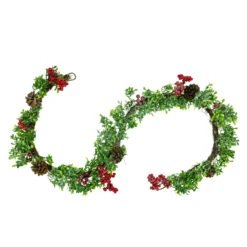 6' Glittered Artificial Boxwood, Pine Cone And Red Berry Christmas Garland- Unlit
