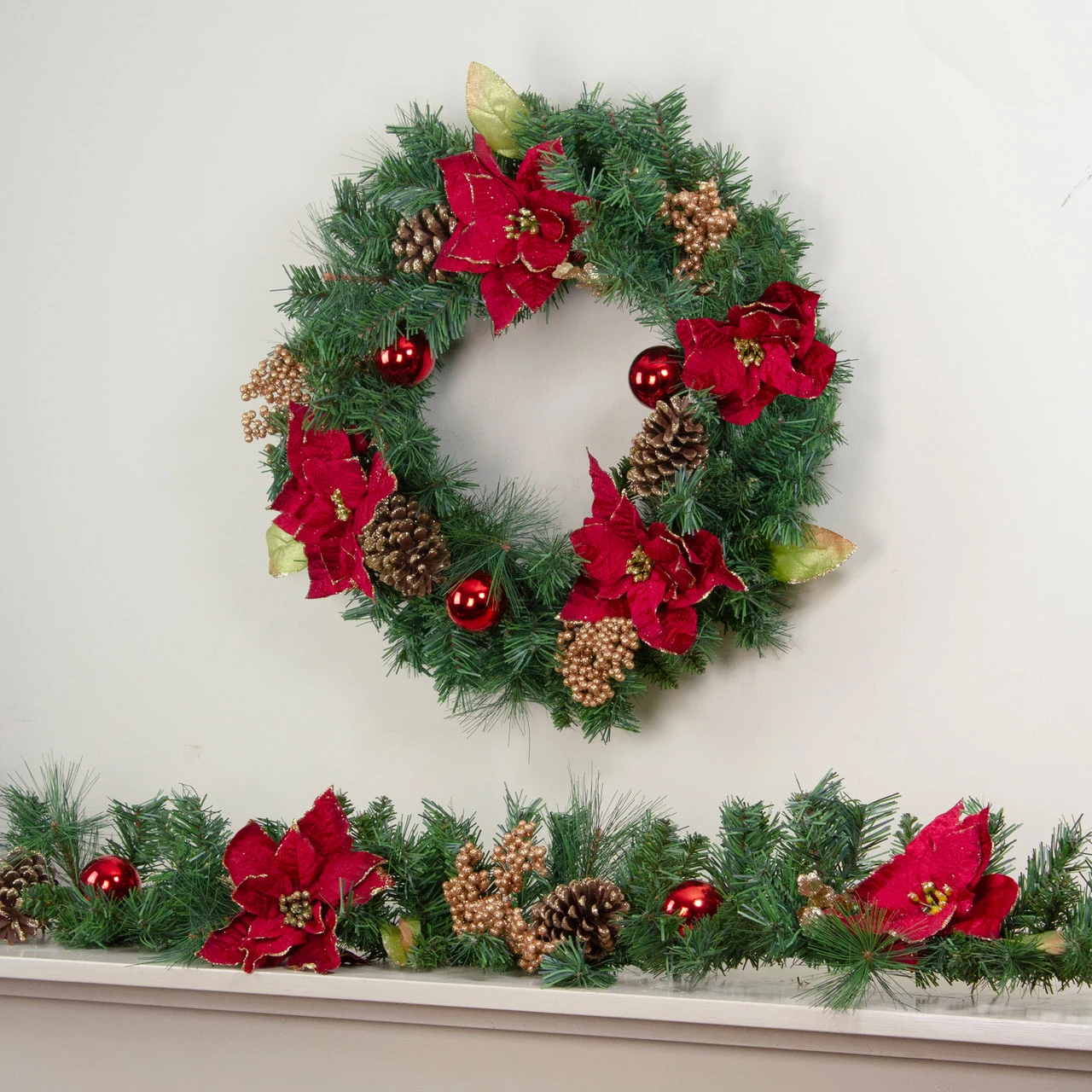 6' X 10" Pine And Poinsettias Artificial Christmas Garland - Unlit 5 6' X 10" Pine And Poinsettias Artificial Christmas Garland - Unlit - Image 3