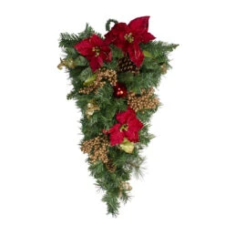32" Pine And Poinsettias Artificial Christmas Teardrop Swag - Unlit