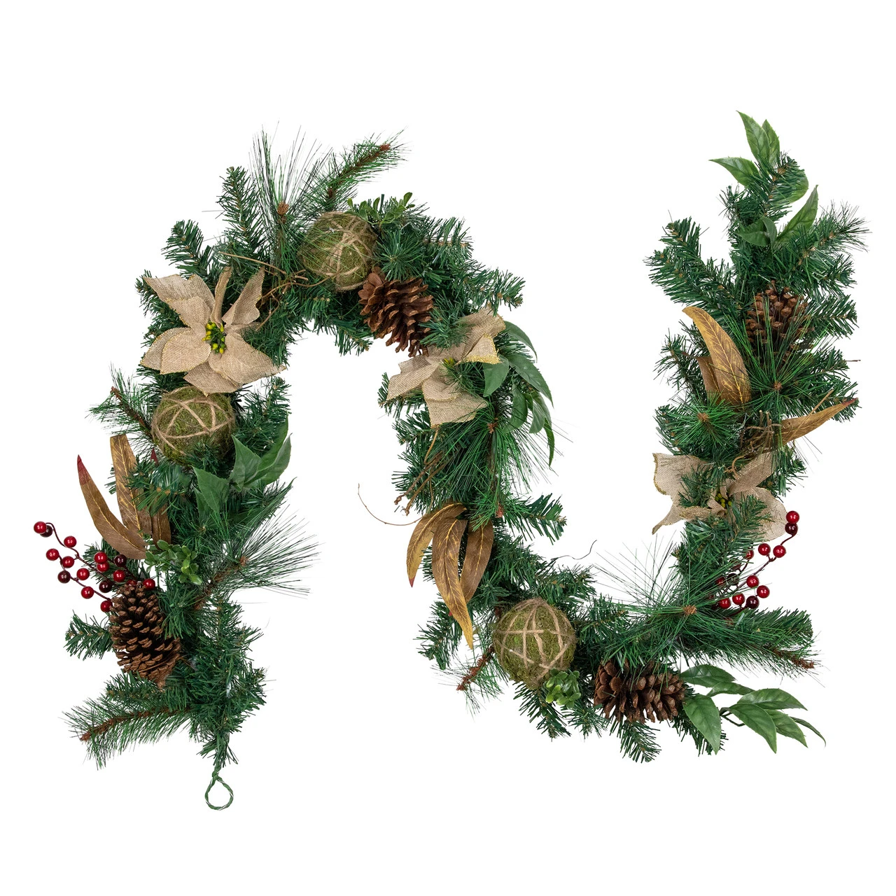 6' X 10" Burlap Poinsettia, Moss Ball, Mixed Pine And Berries Christmas Garland - Unlit 3 6' X 10" Burlap Poinsettia, Moss Ball, Mixed Pine And Berries Christmas Garland - Unlit