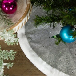 20" Silver Glittered Mini Christmas Tree Skirt With White Fur Trim