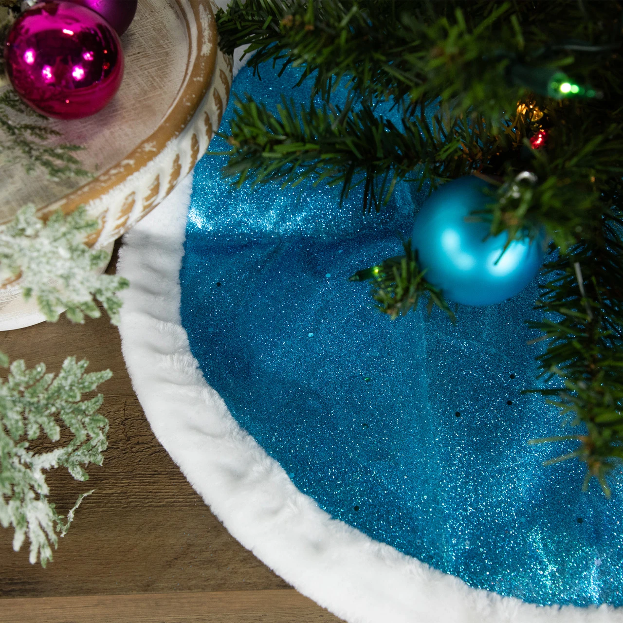 20" Blue Glittered Mini Christmas Tree Skirt With Fur Trim 3 20" Blue Glittered Mini Christmas Tree Skirt With Fur Trim