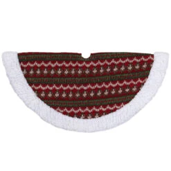20" Red And Green Lodge Knitted Mini Christmas Tree Skirt With Sherpa Trim