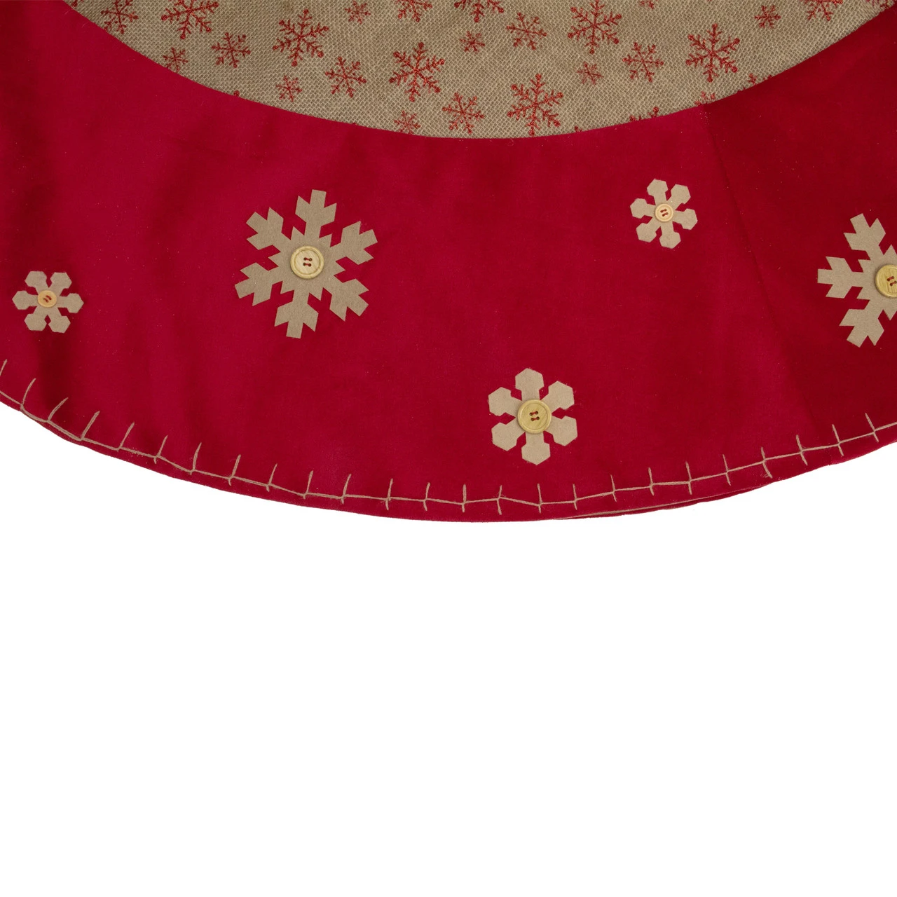 60" Burlap Glittered Snowflake Rustic Christmas Tree Skirt With Red Velvet Trim 5 60" Burlap Glittered Snowflake Rustic Christmas Tree Skirt With Red Velvet Trim - Image 3