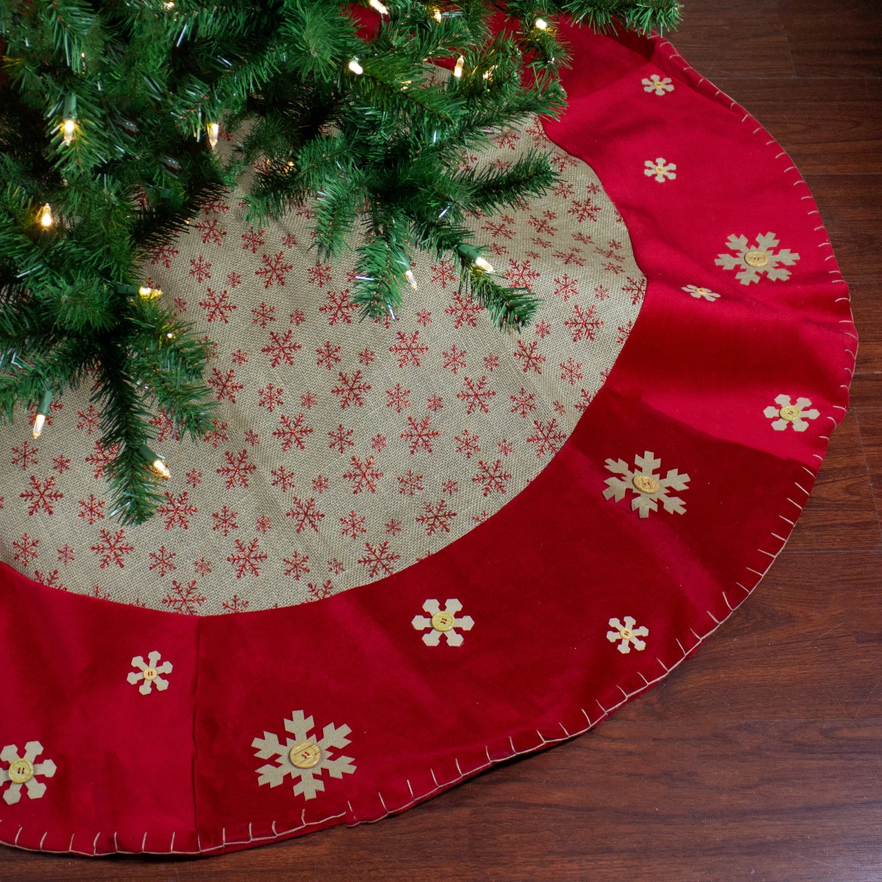 60" Burlap Glittered Snowflake Rustic Christmas Tree Skirt With Red Velvet Trim 3 60" Burlap Glittered Snowflake Rustic Christmas Tree Skirt With Red Velvet Trim