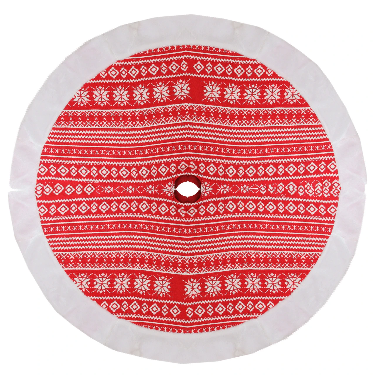 48" Red And White Knitted Snowflake Christmas Tree Skirt With Faux Fur Trim 3 48" Red And White Knitted Snowflake Christmas Tree Skirt With Faux Fur Trim