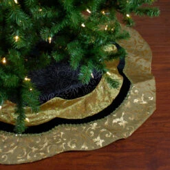 48" Black And Gold Velveteen Floral Scallop Christmas Tree Skirt