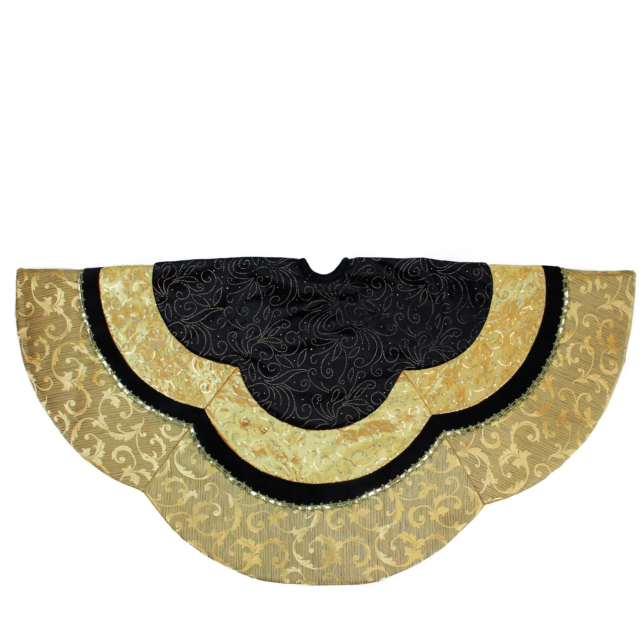 48" Black And Gold Velveteen Floral Scallop Christmas Tree Skirt 4 48" Black And Gold Velveteen Floral Scallop Christmas Tree Skirt - Image 2
