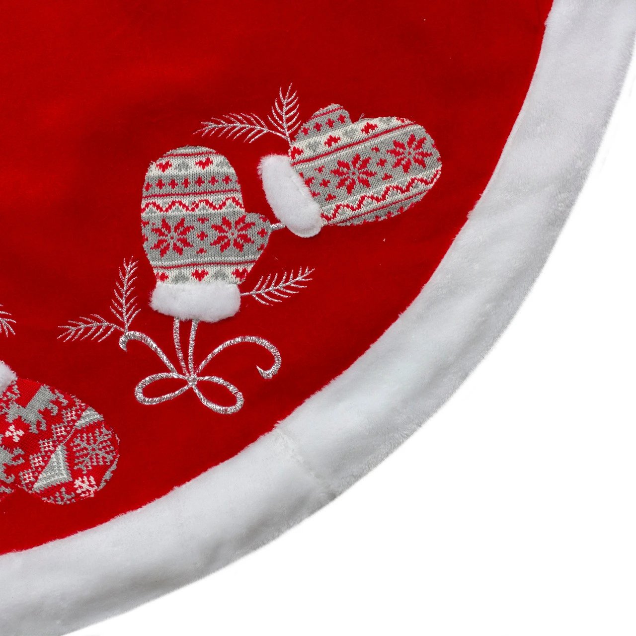 48-Inch Red And White Embroidered Winter Mittens Christmas Tree Skirt 4 48-Inch Red And White Embroidered Winter Mittens Christmas Tree Skirt - Image 2