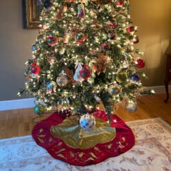 48-Inch Gold And Burgundy Velvet Christmas Tree Skirt