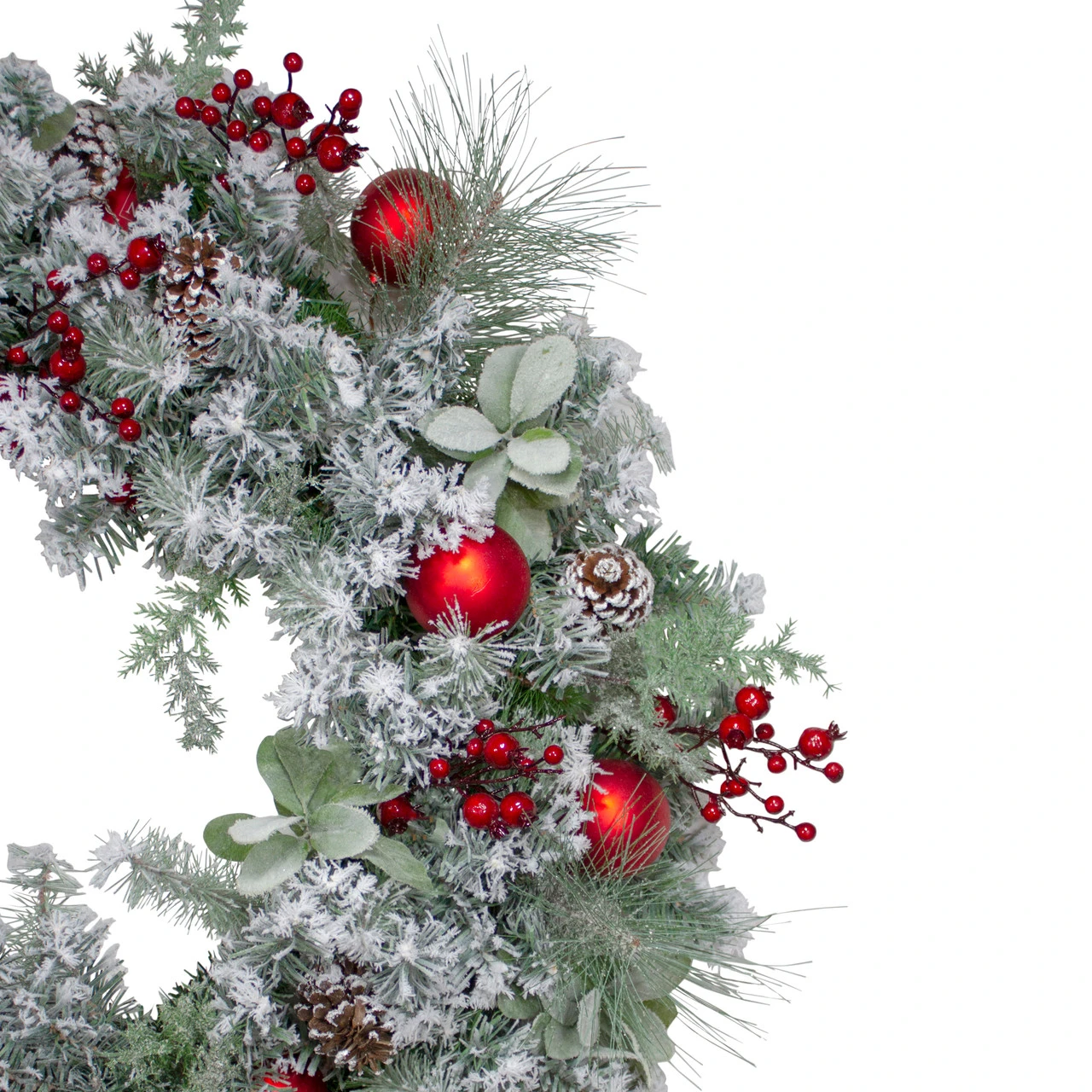 Flocked Artificial Mixed Pine And Red Ball And Berries Christmas Wreath, 40-Inch, Unlit 5 Flocked Artificial Mixed Pine And Red Ball And Berries Christmas Wreath, 40-Inch, Unlit - Image 3