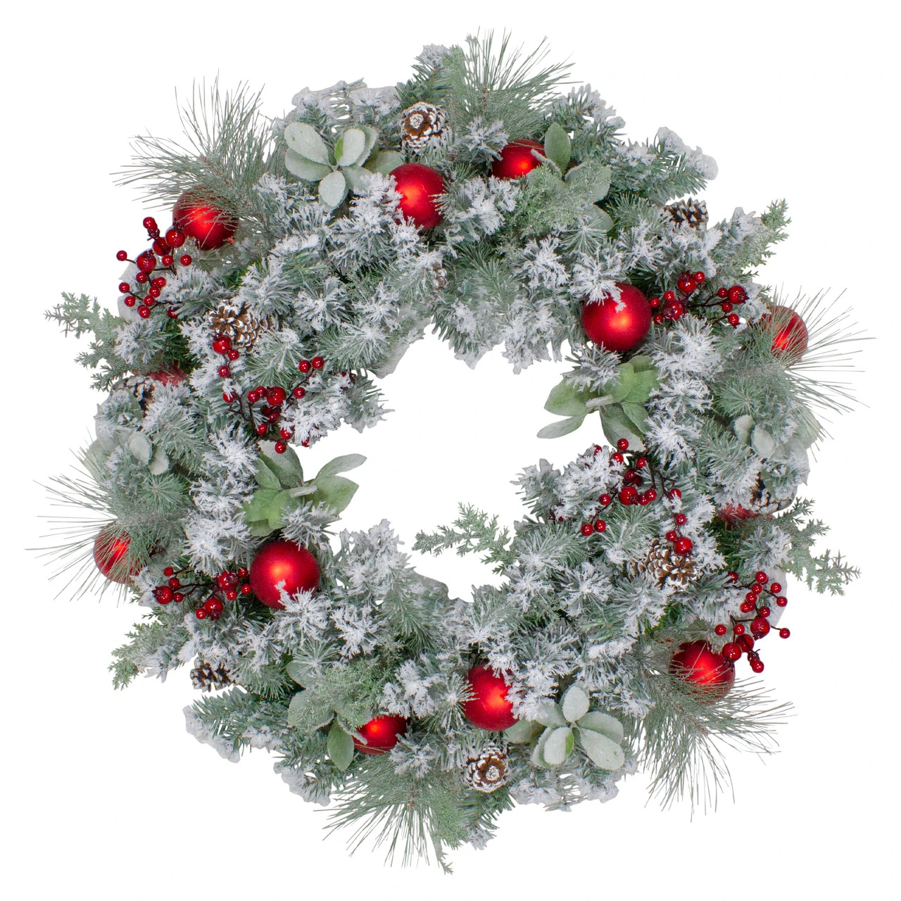 Flocked Artificial Mixed Pine And Red Ball And Berries Christmas Wreath, 40-Inch, Unlit 3 Flocked Artificial Mixed Pine And Red Ball And Berries Christmas Wreath, 40-Inch, Unlit