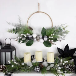 Black And White Plaid Winter Greenery Artificial Christmas Wreath, 18-Inch, Unlit 8 Black And White Plaid Winter Greenery Artificial Christmas Wreath, 18-Inch, Unlit -Optimal Christmas Shop northlight ll94317 styled 14010.1680184573