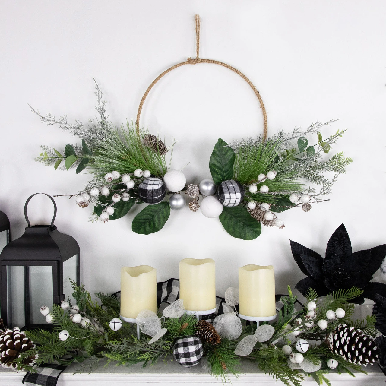 Black And White Plaid Winter Greenery Artificial Christmas Wreath, 18-Inch, Unlit 4 Black And White Plaid Winter Greenery Artificial Christmas Wreath, 18-Inch, Unlit - Image 2
