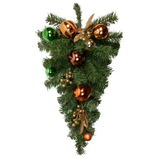 30" Green Foliage And Ornaments Artificial Christmas Teardrop Swag, Unlit